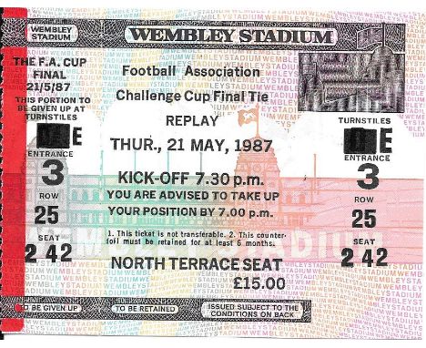 1987 FA CUP FINAL COVENTRY V TOTTENHAM - VERY RARE TICKET FOR REPLAY
Very rare ticket printed in the case of a replay
&nbsp;