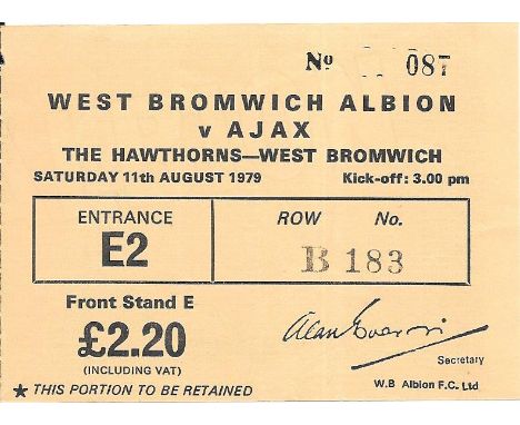1979-80 WEST BROMWICH ALBION V AJAX TICKET
Very slight fold and tiny nick to edge
&nbsp;