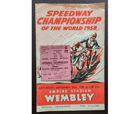 SPEEDWAY - 1958 WORLD FINAL PROGRAMME &amp; TICKET&nbsp;
Results noted.
Crease and small tear to cover.
