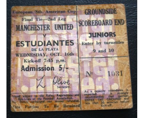 1968 MANCHESTER UNITED V ESTUDIANTES TICKET
16th October final 2nd leg&nbsp;
Old tape marks around edges, but rare ticket