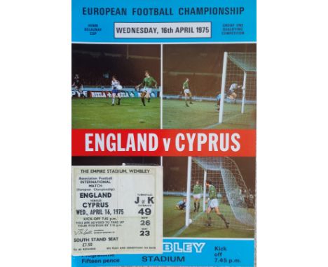 1975 ENGLAND V CYPRUS PROGRAMME &amp; TICKET
Programme good, ticket fold and slight marks