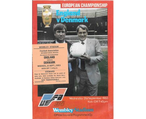 1983 ENGLAND V DENMARK PROGRAMME &amp; RARE STEWARDS TICKET
Programme slight folds, Ticket good
&nbsp;