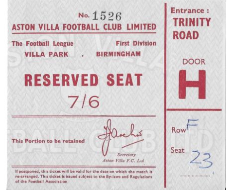 1964-65 ASTON VILLA V BLACKPOOL TICKET
Oppostion and date ( 16/1/65 ) noted on back
Slight fold