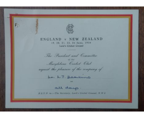 CRICKET - 1958 ENGLAND V NEW ZEALAND @ LORD'S VIP TICKET