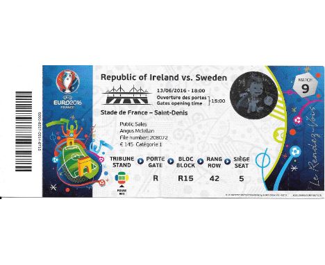 2016 EUROPEAN CHAMPIONSHIPS REPUBLIC OF IRELAND V SWEDEN TICKET
Slight fold