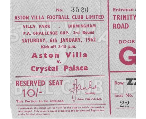 1961-62 ASTON VILLA V CRYSTAL PALACE FA CUP TICKET
Very slight paper loss on bottome corner