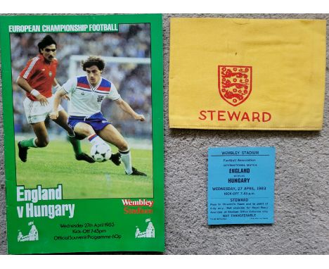 1983 ENGLAND V HUNGARY PROGRAMME, STEWARDS TICKET &amp; ARMBAND
Ticket - very slight fold
&nbsp;