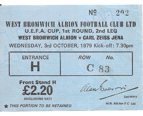 1979-80 WEST BROMWICH ALBION V CARL ZEISS JENA UEFA CUP TICKET
Small corner fold
&nbsp;