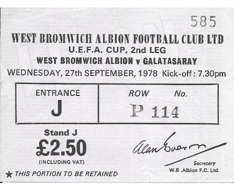 1978-79 WEST BROMWICH ALBION V GALATASARAY UEFA CUP TICKET
Slight folds
&nbsp;