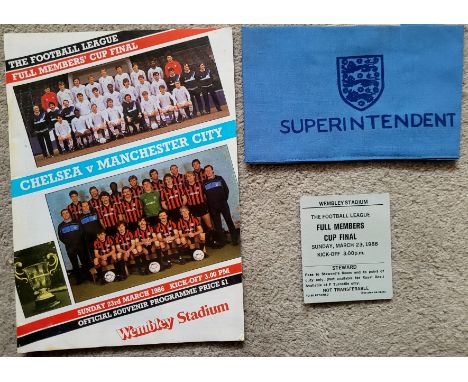 1986 FULL MEMBERS CUP FINAL CHELSEA V MANCHESTER CITY PROGRAMME,STEWARDS TICKET &amp; ARMBAND
All good condition
&nbsp;