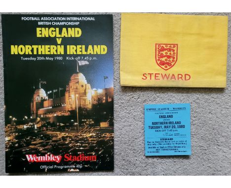 1980 ENGLAND V NORTHERN IRELAND PROGRAMME, STEWARDS TICKET &amp; ARMBAND
All good condition
&nbsp;