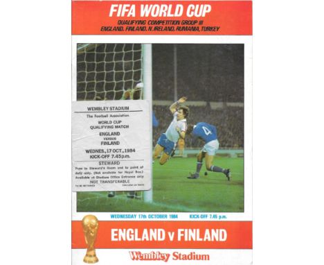 1984 ENGLAND V FINLAND PROGRAMME &amp; RARE STEWARDS TICKET
Both with slight folds
&nbsp;