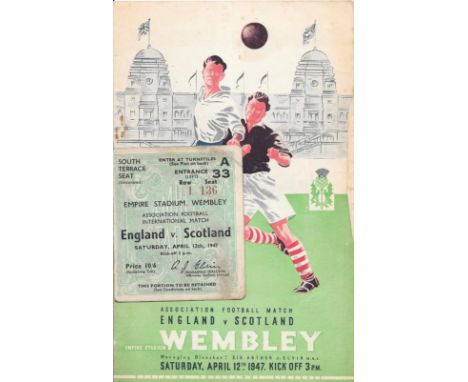 1947 ENGLAND V SCOTLAND PROGRAMME &amp; TICKET
Programme - very slight staple rust &amp; very slight marks
Ticket - handlng m