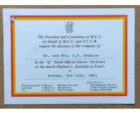 CRICKET - 1981 ENGLAND V AUSTRALIA @ LORD'S TICKET
&nbsp;