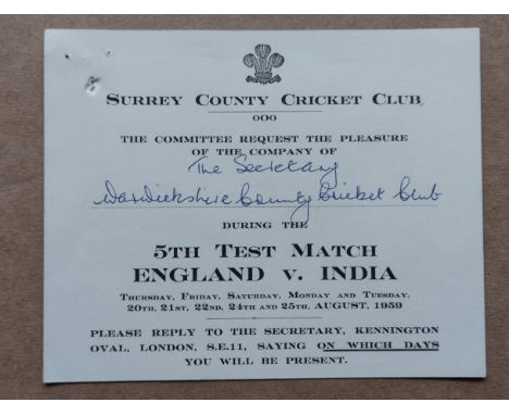 CRICKET - ENGLAND V INDIA @ THE OVAL SURREY 1959 VIP TICKET
Issued by Surrey C.C.C.
