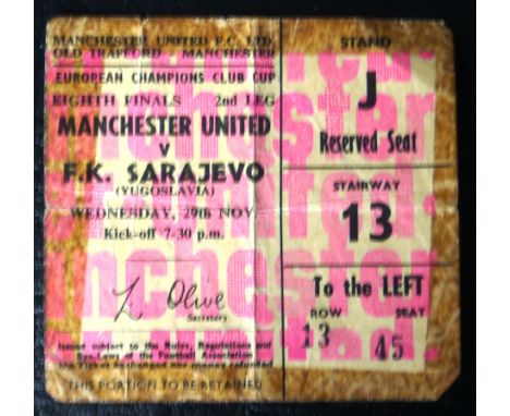 1968 MANCHESTER UNITED V SARAJEVO EUROPEAN CUP TICKET
Old tape marks around edges but rare ticket
&nbsp;