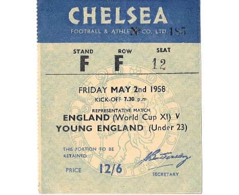1958 ENGLAND WORLD CUP XI V YOUNG ENGLAND AT CHELSEA TICKET
Good condition