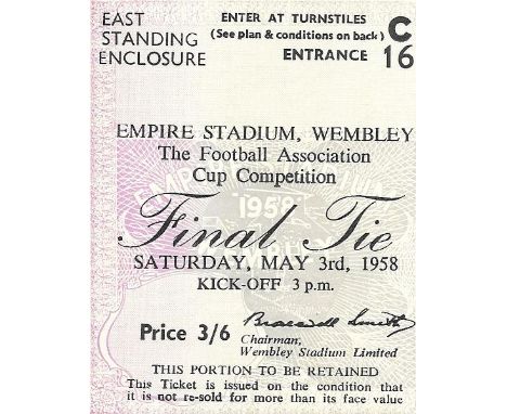 1958 FA CUP FINAL BOLTON WANDERERS V MANCHESTER UNITED TICKET
Except for a mark on the rear the ticket is in very good condit