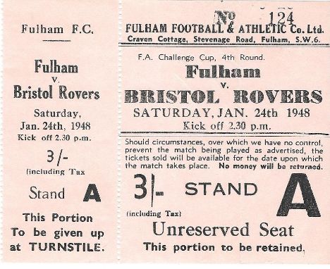 1947-48 FULHAM V V BRISTOL ROVERS UNUSED FA CUP TICKET
Original Ticket in very good condition