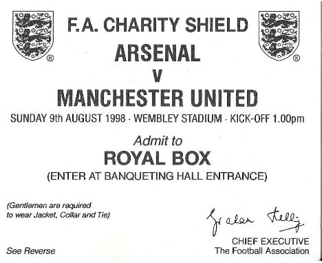 1998 CHARITY SHIELD ARSENAL V MANCHESTER UNITED ROYAL BOX TICKET&nbsp;
Slight marks &amp; corner fold