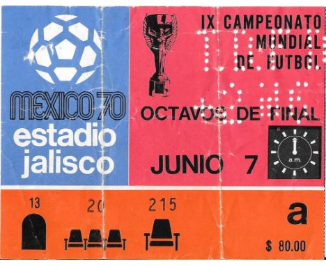 1970 WORLD CUP BRAZIL V ENGLAND TICKET
Original ticket for this iconic match
Tiket is worn in places with two folds, back doe