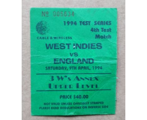 CRICKET - 1994 WEST INDIES V ENGLAND @ KENSINGTON OVAL, BARBADOS TICKET
&nbsp;