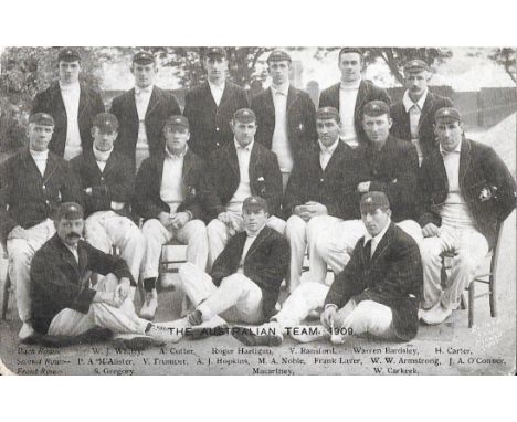 CRICKET ORIGINAL 1909 POSTCARD OF THE AUSTRALIAN TEAM SIGNED BY 13
Very rare item with 13 original signatures on the rear
In 