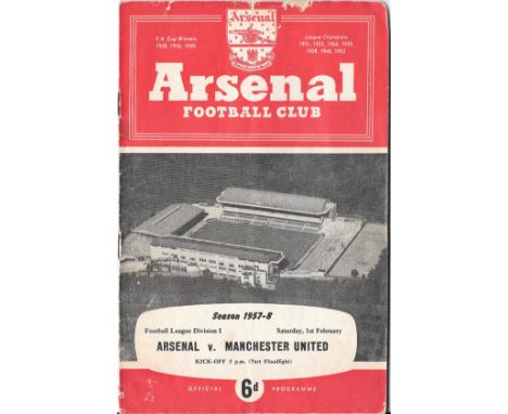 1957-58 ARSENAL V MANCHESTER UNITED - LAST LGE GAME BEFORE MUNICH
Small amount of damage to top edge &amp; spine a little wor