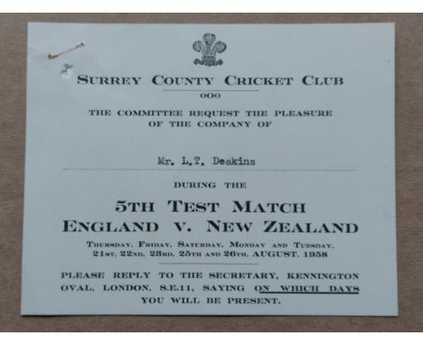 CRICKET - ENGLAND V NEW ZEALAND @ THE OVAL SURREY 1958 VIP TICKET&nbsp;
Issued by Surrey C.C.C.