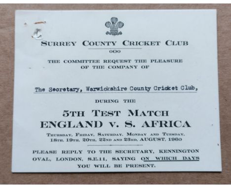 CRICKET - ENGLAND V SOUTH AFRICA @ THE OVAL SURREY 1960 VIP TICKET&nbsp;
Issued by Surrey C.C.C.