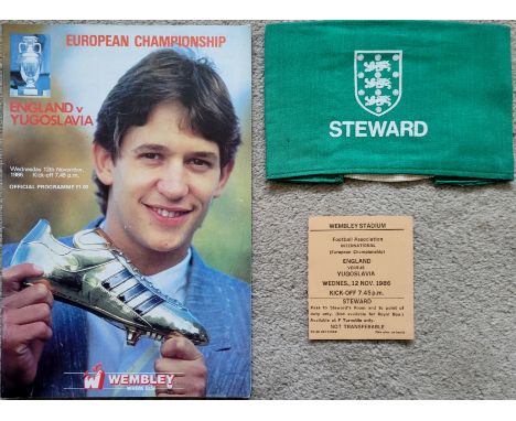 1986 ENGLAND V YUGOSLAVIA PROGRAMME, STEWARDS TICKET &amp; ARMBAND
Programme &amp; Ticket both slight folds
&nbsp;
