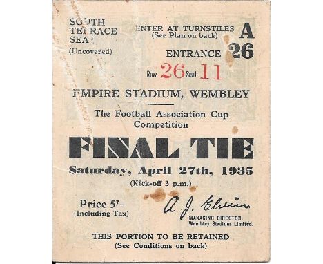 1935 FA CUP FINAL SHEFFIELD WEDNESDAY V WEST BROMWICH ALBION TICKET
Some folds &amp; slight marks
&nbsp;