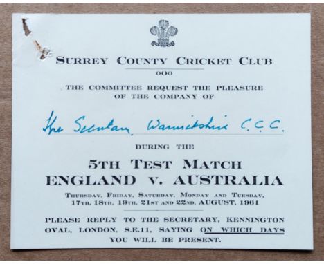 CRICKET - ENGLAND V AUSTRALIA @ THE OVAL SURREY 1961 VIP TICKET&nbsp;
Issued by Surrey C.C.C.