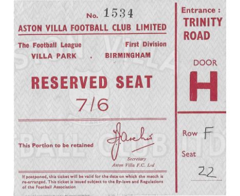 1964-65 ASTON VILLA V LIVERPOOL TICKET
Oppostion and date ( 6/2/65 ) noted on back
Fold