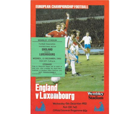 1982 ENGLAND V LUXEMBOURG PROGRAMME &amp; RARE STEWARDS TICKET
Programme slight fold, Ticket has writing on the back
&nbsp;