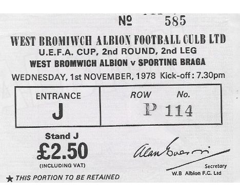 1978-79 WEST BROMWICH ALBION V SPORTING BRAGA UEFA CUP TICKET
Good condition
&nbsp;