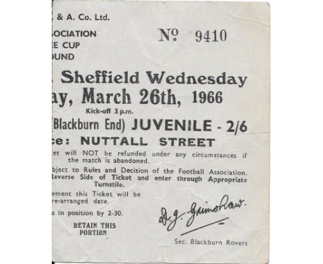 1965-66 BLACKBURN ROVERS V SHEFFIELD WEDNESDAY FA CUP TICKET
Slight folds
