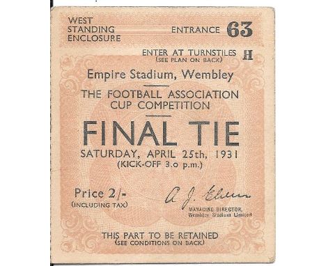 1931 FA CUP FINAL BIRMINGHAM V WEST BROMWICH ALBION TICKET
Good for age
&nbsp;