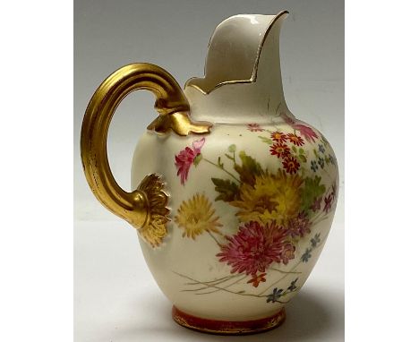 A Royal Worcester blush ivory jug, printed with a spray of flowers, gilded loop handle, 13cm, number 1094, date code for 1896