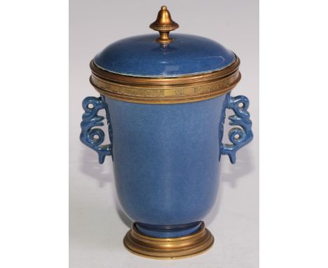 A Chinese monochrome beaker and cover, scroll handles, European ormolu mounted, 19.5cm high, Kangxi artemisia leaf mark, 19th