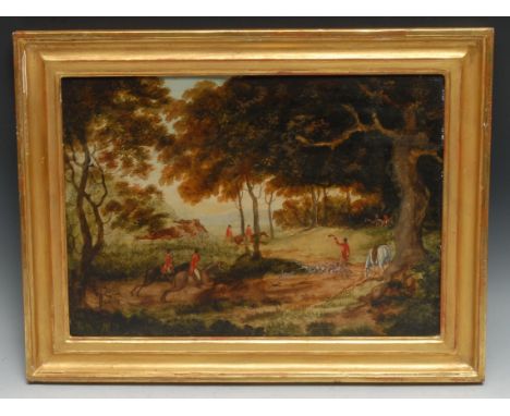 English School (19th century)A set of three, Hunting Scenesoil on metal panel, 26.5cm x 38cm 
