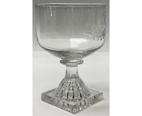 A mid 19th century clear glass, rummer, the bowl engaved with initials, JER, lemon squeezer base, 13cm high, c.1830 