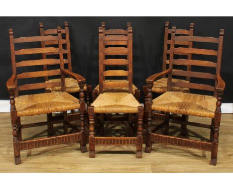 A set of six Rupert Griffiths Monastic Woodcraft oak ladder back dining chairs, comprising four side chairs and a pair of car