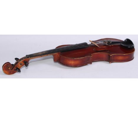 A violin, the one piece back 33.75cm long excluding button, outlined throughout with purfling, Stradivarius label, 56cm long 