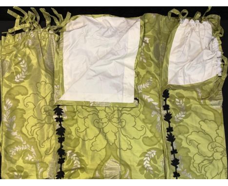 Textiles - a pair of silk Damask curtains in green, 200cm long, 132cm wide; another panel, 164cm long, 130cm wide 