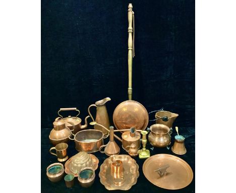 A copper bed warming pan; copper jugs; a Haws watering can; jelly mould; kettle; caddy, etc 