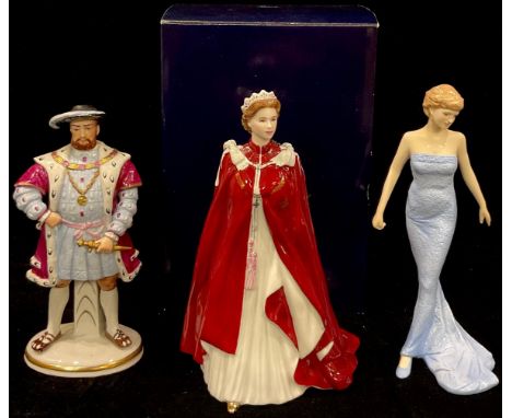 A Sitzendorf figure, Henry VIII, printed marks; a Royal Worcester figure, HRH Queen Elizabeth II, boxed; a Royal Doulton figu