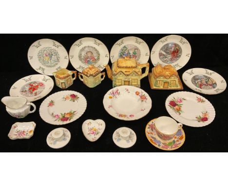 A set of six Royal Doulton Christmas plates, 1977 - 1982; a Royal Crown Derby Posie pattern milk jug, dish, trinket dishes; a