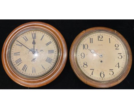 A mahogany circular wall clock, Roman numerals; another oak circular Bentima wall clock (2) 