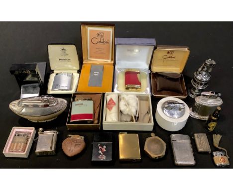 A collection of cigarette lighters, including Colibri, Ronson, Zenith, Guinness advertising, Canary Singing Lighter, etc, qty